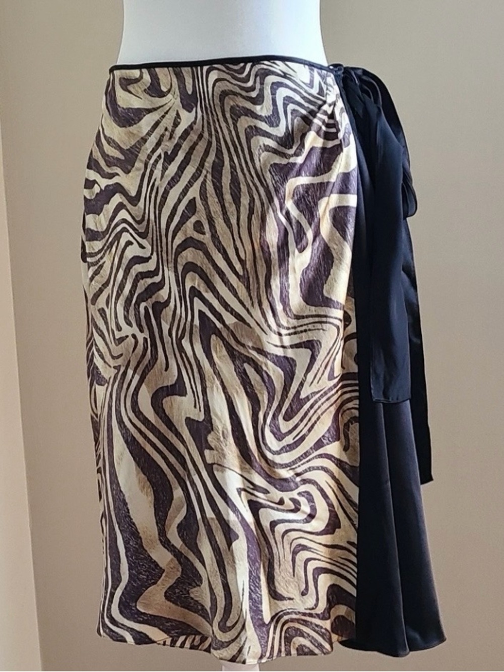 Zebra Print Silk Wrap Skirt with Black Panel, 16